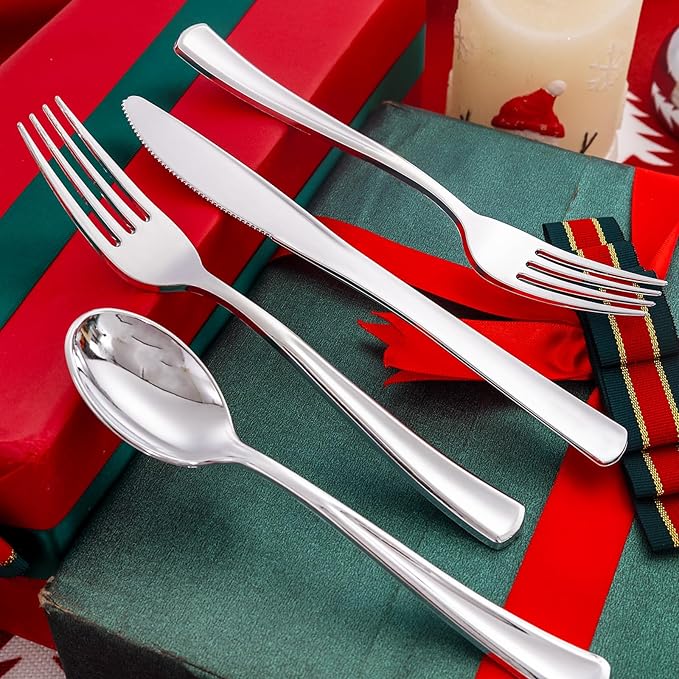 Liacere 200Pcs Silver Plastic Cutlery - Silver Plastic Silverware- Disposable Silverware - 100 Forks, 50 Spoons, 50 Knives Perfect for Wedding ＆ Party