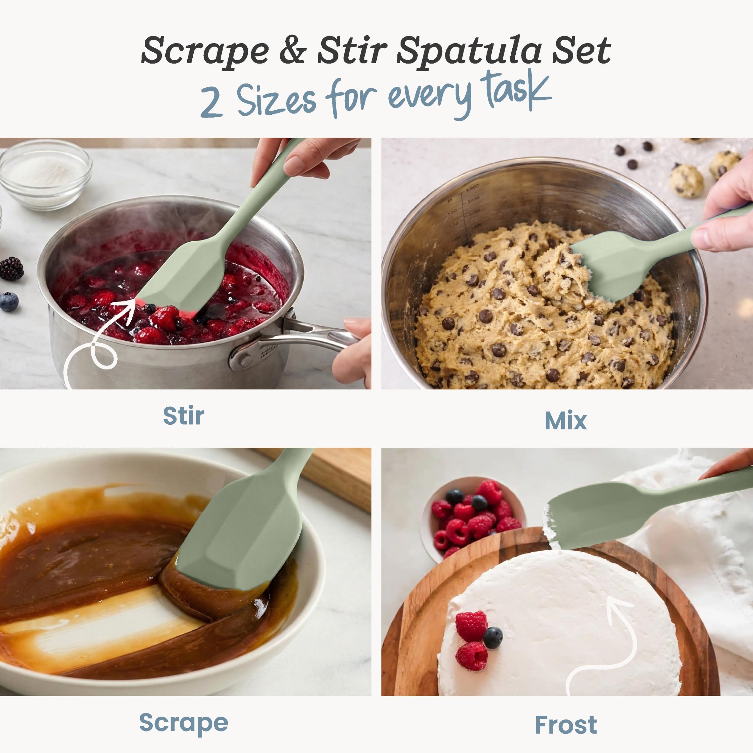 Starpack 'Scrape and Stir' Silicone Rubber Spatula Set (4-Piece) - LFGB Non Toxic, 600°F Heat Resistant, BPA-Free, One-Piece Kitchen Baking Spatulas - Dishwasher Safe for Nonstick Cookware Sage Green