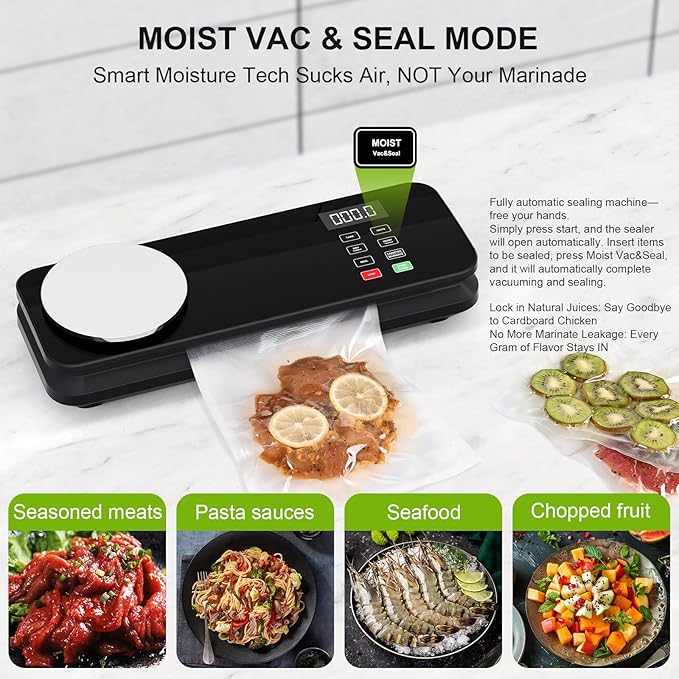 Food Vacuum Sealer Machine, 90KPA with Kitchen Scale, One-Touch Automatic, Multiple Modes, with 10 Sealer Bags and 1 Roll, Built-in Cutter, Black