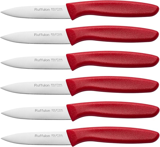 Ruffulon Paring & Fruit Knives Set of 6, Stainless Steel Sharp Blades,Red.