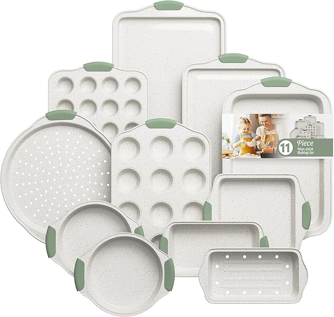 11-Piece Non-Toxic Baking Set, Stackable Nonstick Cookware, White&Green