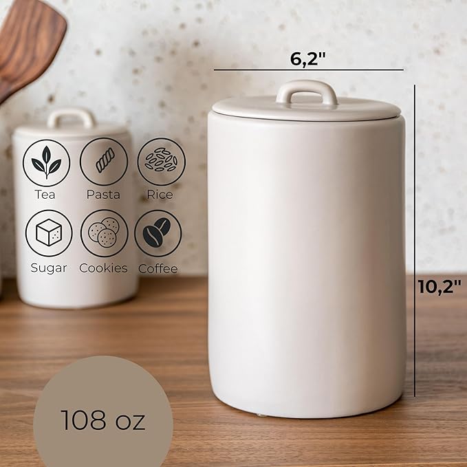 Maison May, Ceramic Food Storage Jars 108Oz, Snack Containers, Airtight Lid, Kitchen Countertop Canisters for Grounds Coffee, Pods, Tea, Flour, Sugar, Rice, Pantry Organization, Containers set