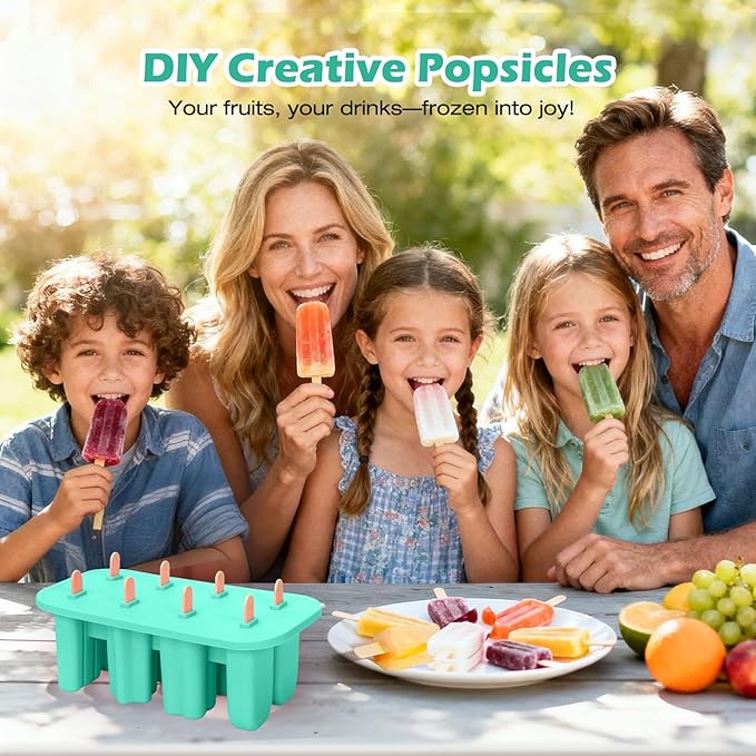 Firstfooby Popsicles Molds, 8-Cavity Silicone Popsicle Molds with 50 Sticks, BPA-Free Ice Pop Mold Popsicle Maker with Funnel & Cleaning Brush for Kids Adult Teens