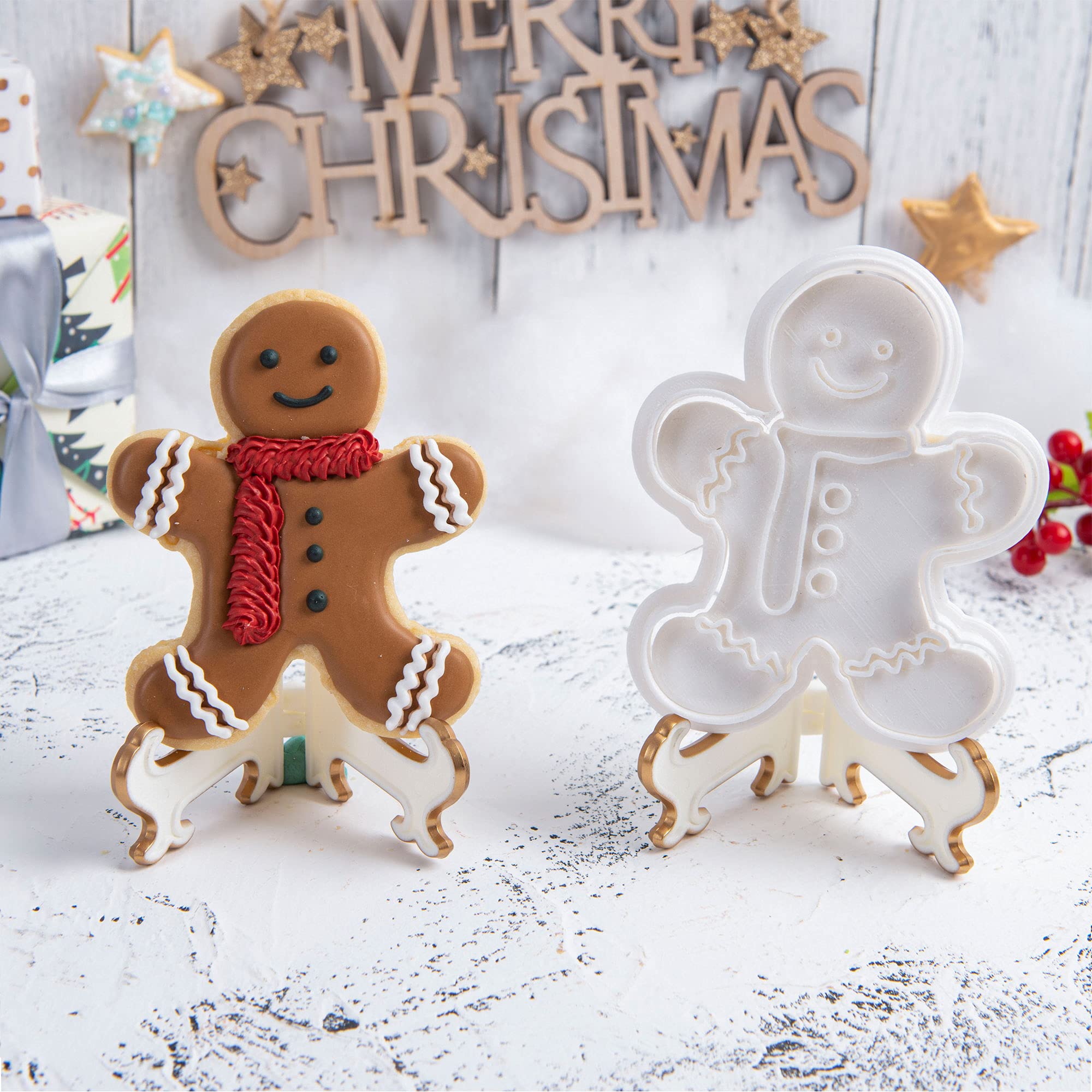 Flycalf Christmas Cookie Cutters Gingerbread Shapes with Plunger Stamps Holiday PLA Baking Accessories Cutter Molds Gifts Decorative Party 3.5" Kitchen Cake Supplies