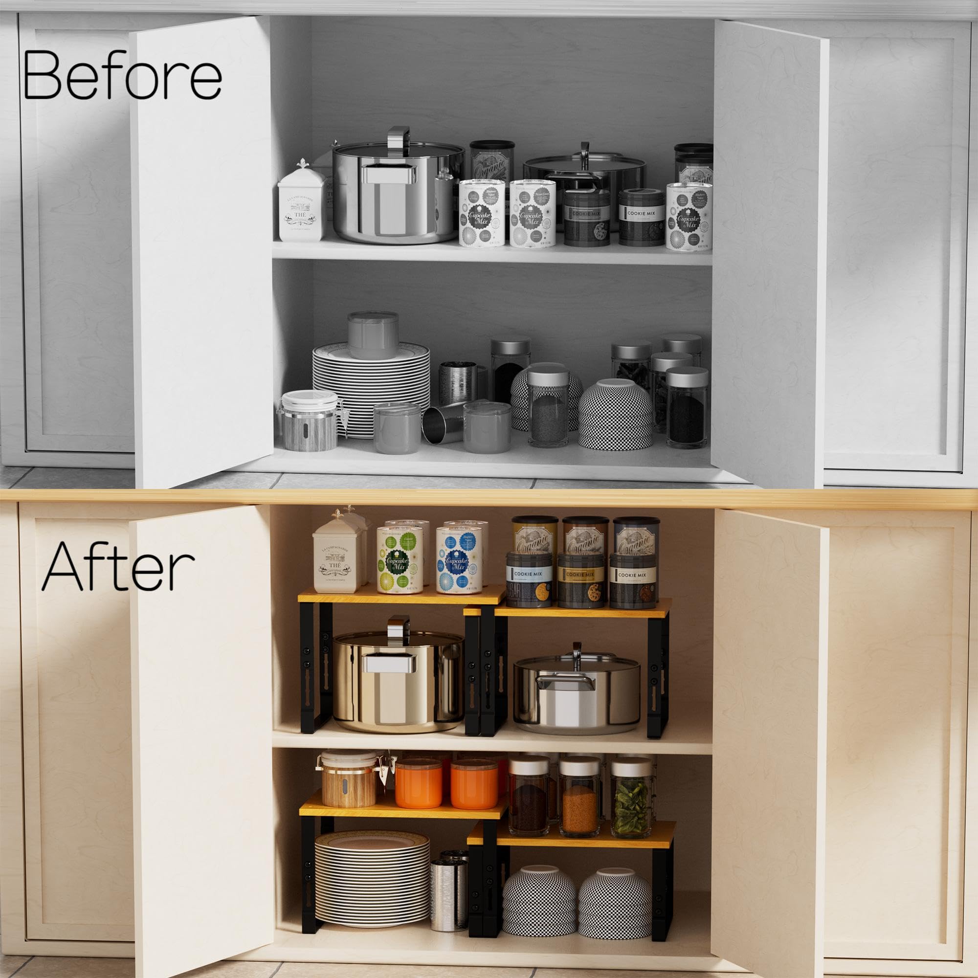 Adjustable Storage Shelves for Kitchen Cabinet Organization - Set of 2 Stackable Metal & Solid Wood Racks, Space-Saving Design for Countertop/Pantry/Garage, Easy Assembly(1 Pack/Large/Black)