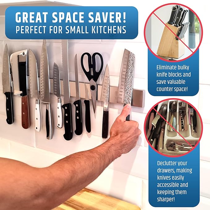 24" Strong Adhesive (No Drill) Magnetic Knife Holder for Wall - Professional Knife Strip - No Screws Needed - Adhesive Backing - Stainless Steel Knife Bar (Upgraded Version – Will Not Fall)