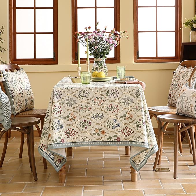 ISAENNE Designer Vintage Linen Rectangular Tablecloth,87"x55"-Serenity B
