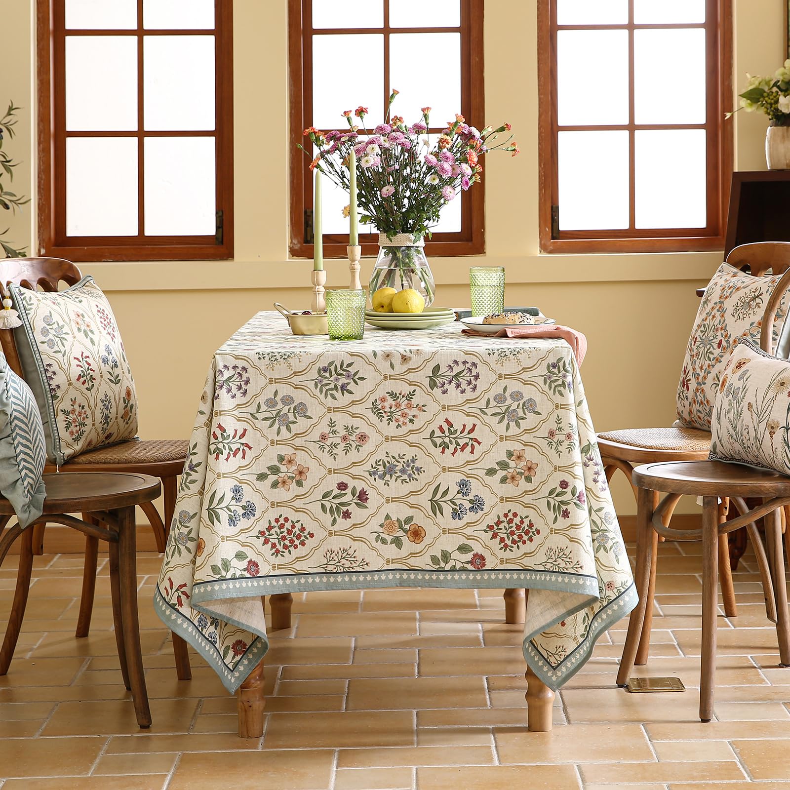 ISAENNE Designer Vintage Linen Rectangular Tablecloth,110"x63"-Serenity B