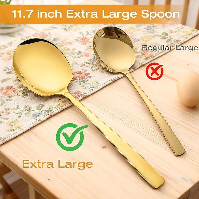 Extra Large Serving Spoons Set of 6-Piece, 11.7-Inch Gold Serving Slotted Spoon x 3 Serving Spoon x 3, Stainless Steel Serving Utensil for Buffet, Parties, Catering - Dishwasher Safe(6-Pack, Gold)