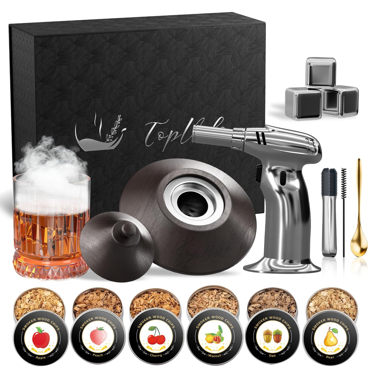 Cocktail Smoker Kit with Torch and Whiskey Glass, 6 Flavors Wood Chips and 3 Whisky Stones for Whiskey & Bourbon, Gift for Husband, Birthday Gift (No Butane), Brown