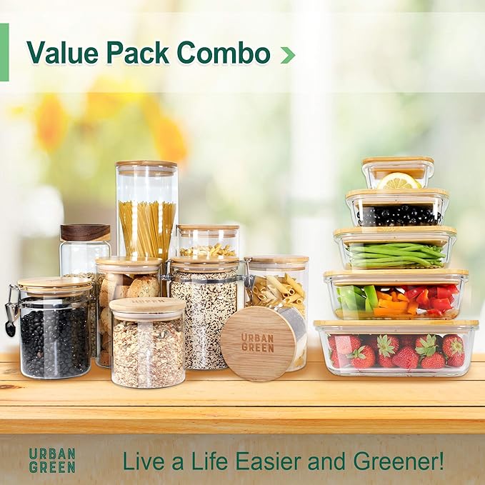 Urban Green Glass Jars with Airtight Lids, Airtight Glass Canisters with Locking Lids, (Bamboo-20oz-30oz)
