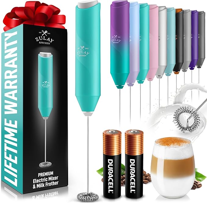 Zulay Kitchen Powerful Milk Frother AA Batteries Included – Ultra Fast Handheld Drink Mixer with Stainless Steel Whisk Stirrer for Coffee, Protein, Matcha & More, Frother Wand Electric Frothmate