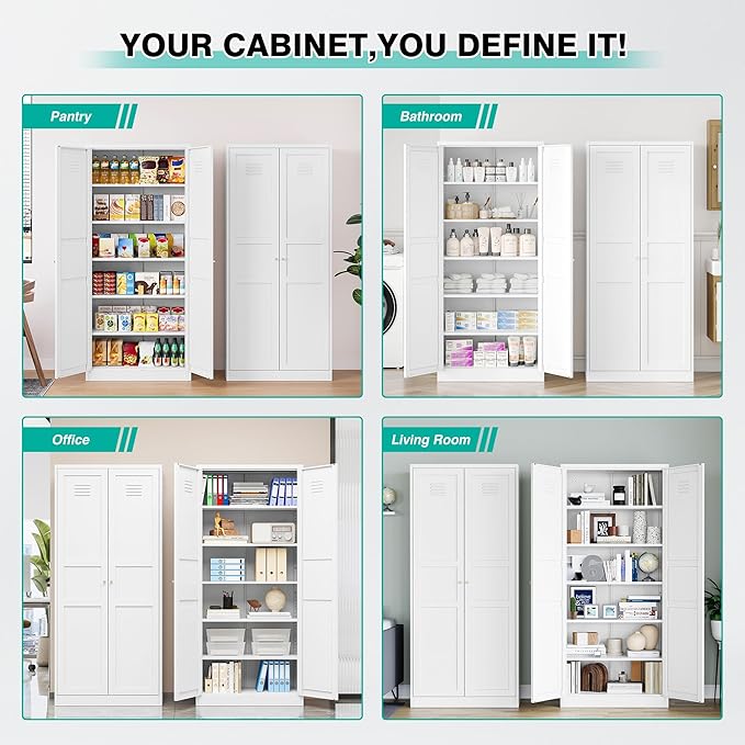 SISESOL 71" Tall Pantry Cabinet with 2 Doors and 5 Shelves,Kitchen Pantry Storage Cabinets,White Metal Storage Cabinet,Wide Deep Food Cupboard for Home,Kitchen,Dining/Living Room