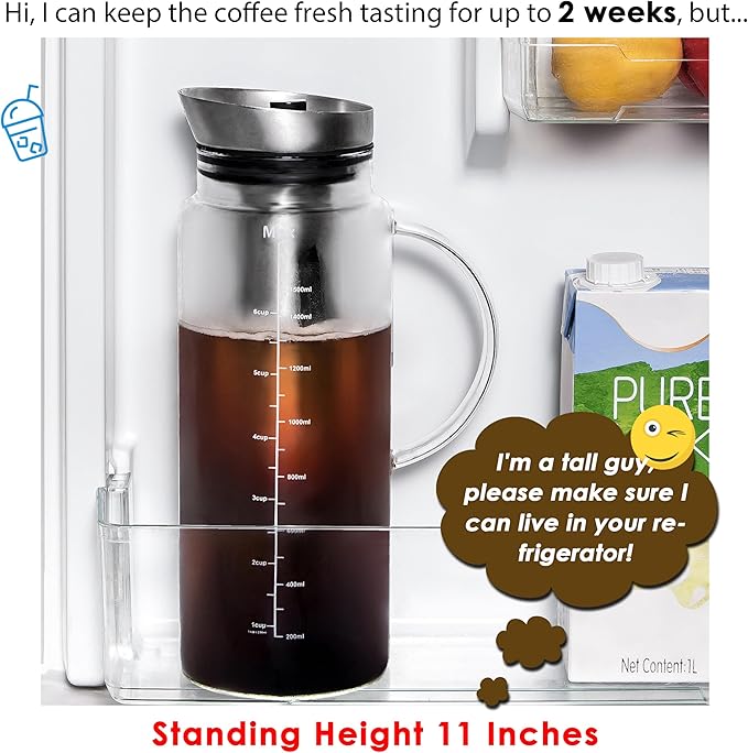 Aquach 51oz Cold Brew Coffee Maker, Borosilicate Glass Pitcher for Iced Tea