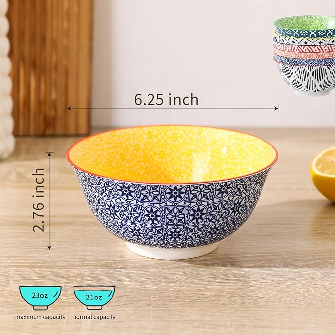 KOLLOV Cereal Bowls Set of 6 for Kitchen, 23oz Ceramic Bowls for Soup, Salad, Dessert, Rice, Serving, Oatmeal, Dishwasher & Microwave Safe, Assorted Colors