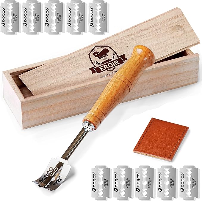 EROIR 13" Danish Dough Whisk Bread Lame Bowl Scraper Set - Dutch Sourdough Whisk Double Eye, Dough Scraper, Bread Scorer with 10 Blades and Leather Cover