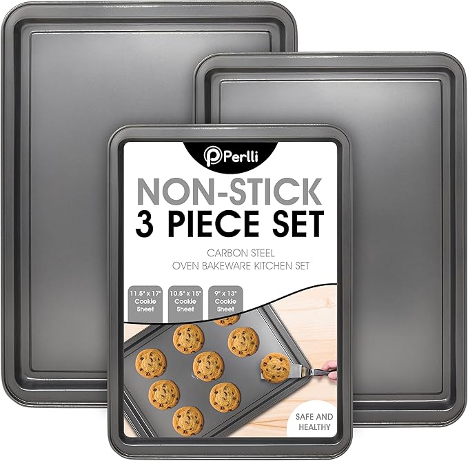 PERLLI Non-Stick 3-Piece Baking Pan Set – Carbon Steel with Even Heat Distribution, Oven Safe to 446°F, BPA-Free, Dishwasher Safe, Stackable Baking Tools for Easy Storage and Everyday Cooking - Gray