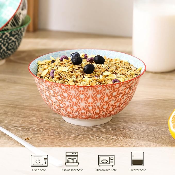 KOLLOV Cereal Bowls Set of 6 for Kitchen, 23oz Ceramic Bowls for Soup, Salad, Dessert, Rice, Serving, Oatmeal, Dishwasher & Microwave Safe, Assorted Colors