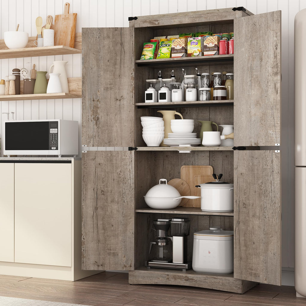 71in Farmhouse Kitchen Pantry Cabinet,Tall Storage Cabinet with 4 Doors and Adjustable shelves,with Load-Bearing Steel Pipe,Wood Storage Cabinets for Kitchen,Dining Room,Bathroom(Light Rustic Oak)
