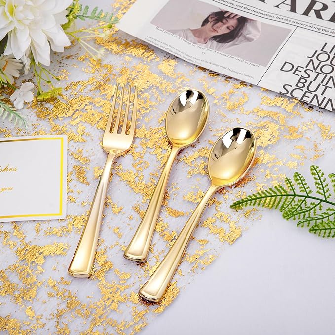 bUCLA 600PCS Gold Plastic Spoons and Forks Set - Plastic Forks and Spoons Disposable - Heavy Duty Gold Silverware Set Party Supplies Include 300 Forks and 300 Spoons for Party&Wedding