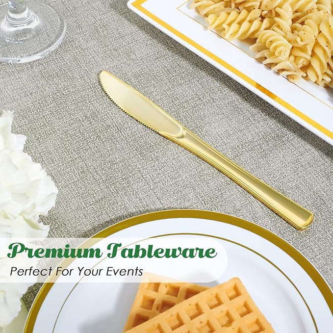 FOCUSLINE 300 Pack Disposable Gold Plastic Knives, Solid and Durable Plastic Cutlery Knives, Heavy Duty Disposable Utensil Silverware for Catering, Parties, Dinners, Weddings