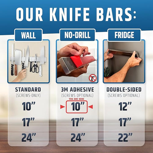 10" Strong Adhesive (No Drill) Magnetic Knife Holder for Wall - Professional Knife Strip - No Screws Needed - Adhesive Backing - Stainless Steel Bar (Upgraded Version – Will Not Fall)