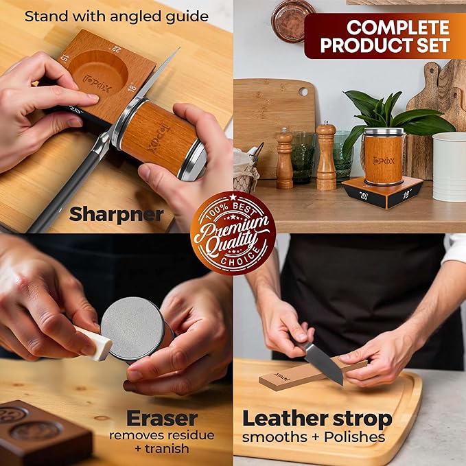 UTOPIOX Rolling Knife Sharpener Kit – 4 Angles (15°,18°,20°,22°) – Includes Diamond, Ceramic & Honing Discs with Leather Strop – Ideal for Home Cooks & Professional Chefs