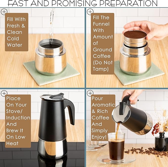 Mixpresso 6 Cup Greca Moka Pot, Stainless Steel Stovetop Espresso Maker