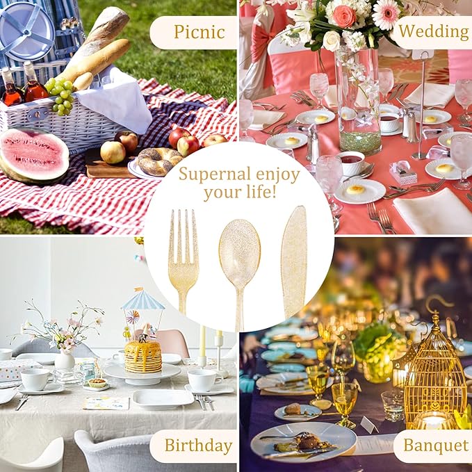 Supernal 300pcs Gold Glitter Plastic Silverware, Disposable Cutlery Set