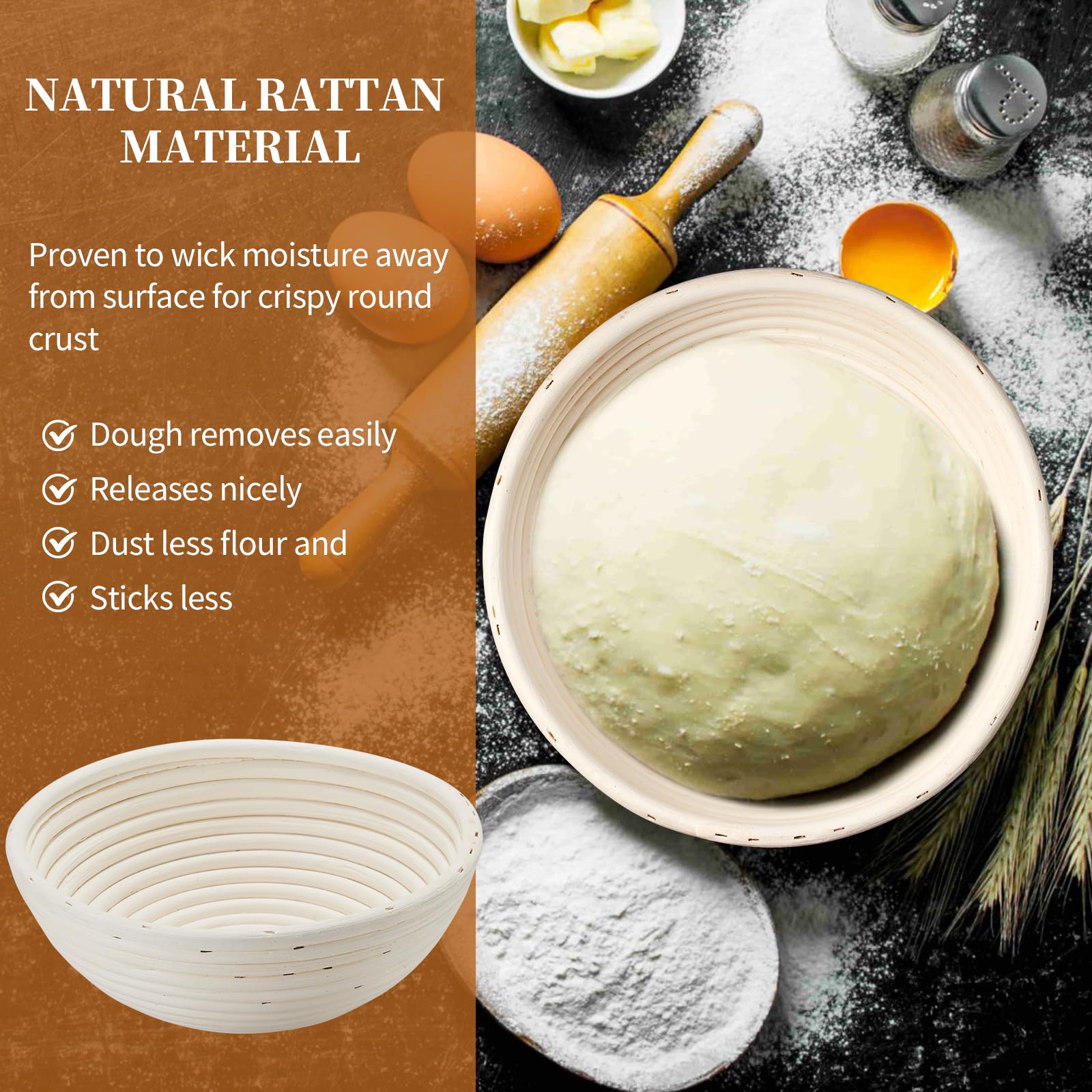 Dimpola Banneton Bread Proofing Basket Banneton Basket Set Sourdough Proofing Basket Round Proofing Bowls Handmade Rattan Baskets and Liners (Round 9 inch Baking Set)