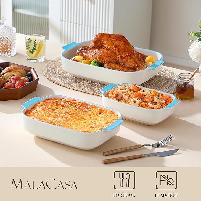 MALACASA Ceramic Baking Dishes Set of 3, Blue Trim Casserole for Oven, 9x13