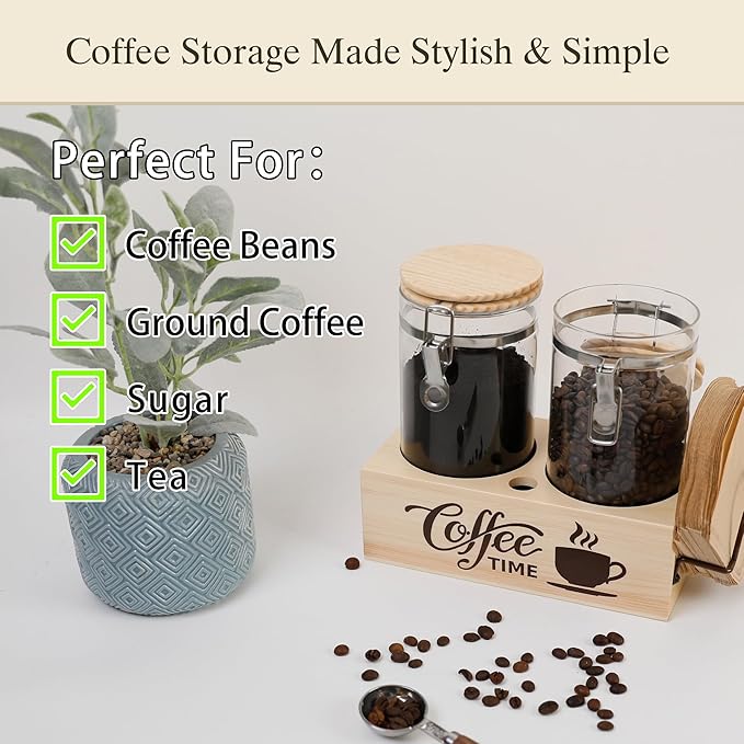 EQEY Glass Coffee Canister Set with Shelf & Spoon 2 Piece Coffee Containers for Coffee Bean Storage Airtight Seal, Coffee Bar Accessories Filter Holder for Kitchen Organization
