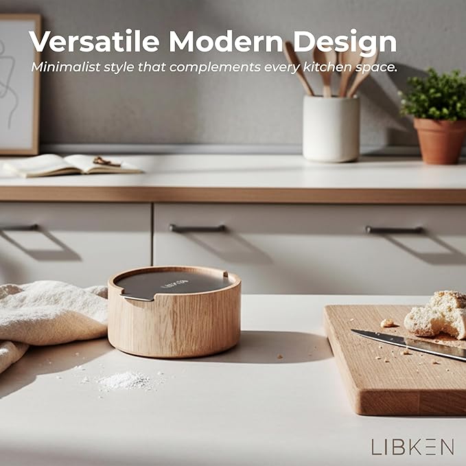 LIBKEN Wooden Salt Box with Stainless Steel Lid & Spoon – Rubberwood Keeper to avoid Dust, Minimal Scandinavian Bowl for Pepper, Spices, Herbs and Salt Storage Container - Wooden