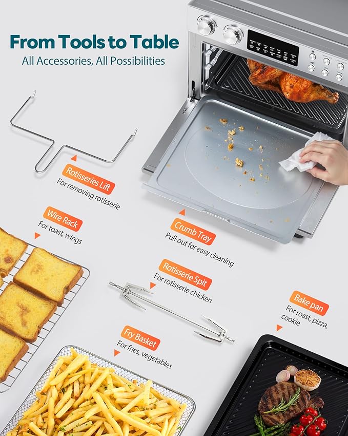 28QT Air Fryer Toaster Oven Combo, Large 12-in-1 Convection Countertop Oven with 3-Layer Cooking, Rotisserie for Chicken, 6 Heating Tubes, Fast Preheat, Fit 11" Pizza, Stainless Steel