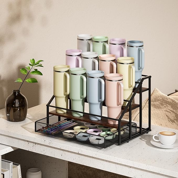 MOJOHAND 4-Tier Stanley Cup Rack with Basket for 12 Tumblers, Natural Wood