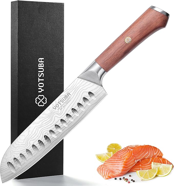 YOTSUBA 7" Santoku Japanese Chef Knife – Forged High Carbon Stainless Steel (HRC 56±2) – Precision Edge & Long-Lasting – Ergonomic Rosewood Kitchen Knife Handle – Gift for Home Cooks and Pro Chefs