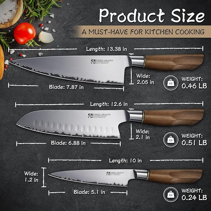 Purple Dragon Knife Set, 3Pcs Kitchen Knives Set - Santoku Knife