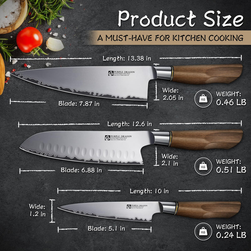Purple Dragon Knife Set, 3Pcs Kitchen Knives Set - Santoku Knife