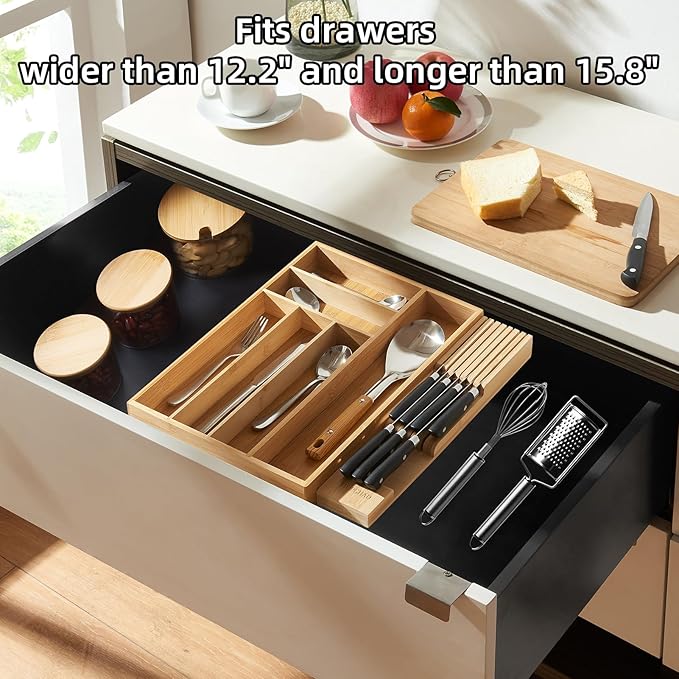 TIOPGHAD Small Bamboo Silverware Organizer Kitchen Utensil Tray, Natural