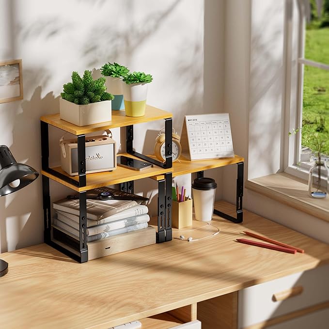 Wobmmi Kitchen Cabinet Organization Shelf，Set of 2 Height Adjustable Storage Racks，Stackable，Expandable，Countertop Shelves Organizer，Pantry Shelving（2PACKS/Medium/Black