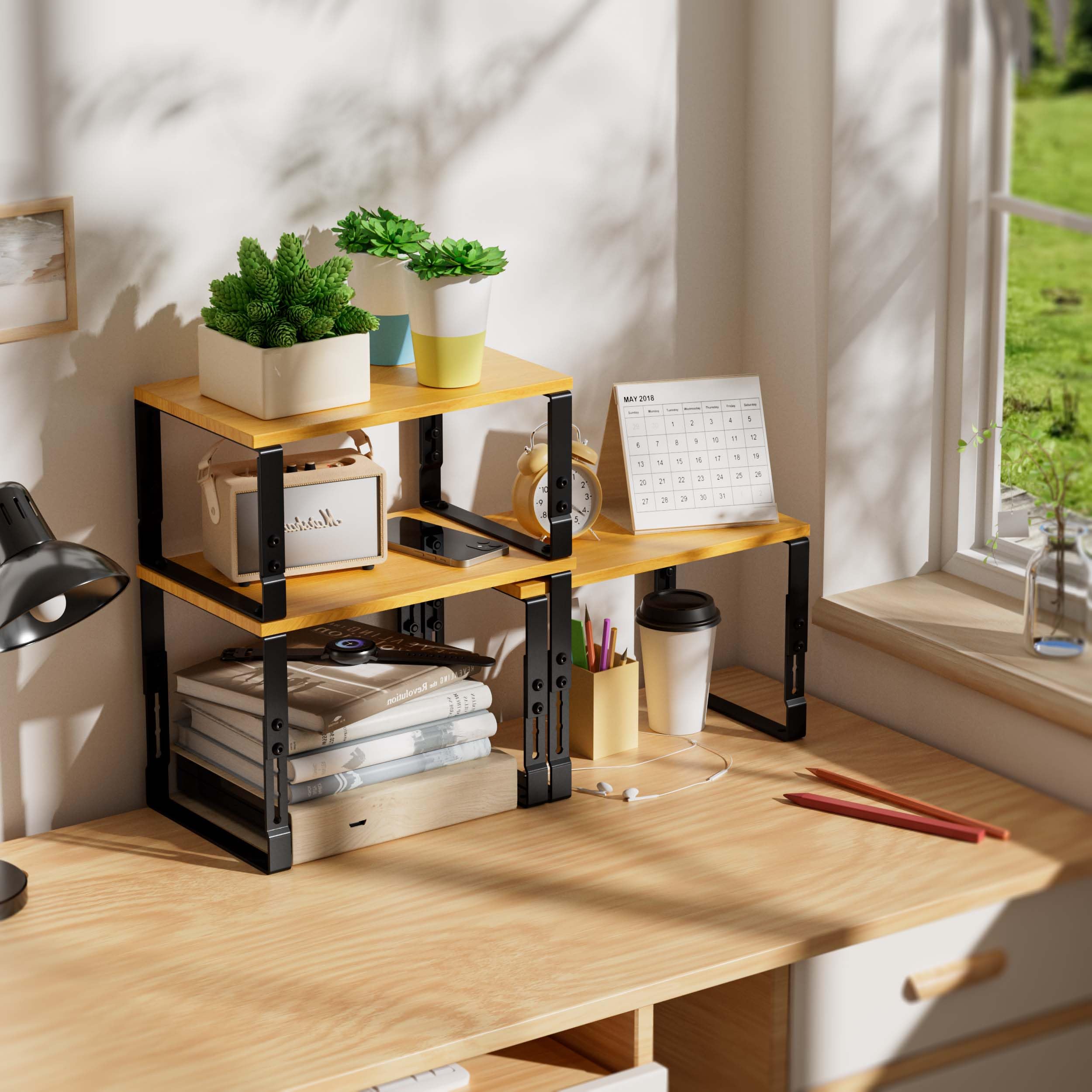 Wobmmi Kitchen Cabinet Organization Shelf，Set of 2 Height Adjustable Storage Racks，Stackable，Expandable，Countertop Shelves Organizer，Pantry Shelving（2PACKS/Medium/Black
