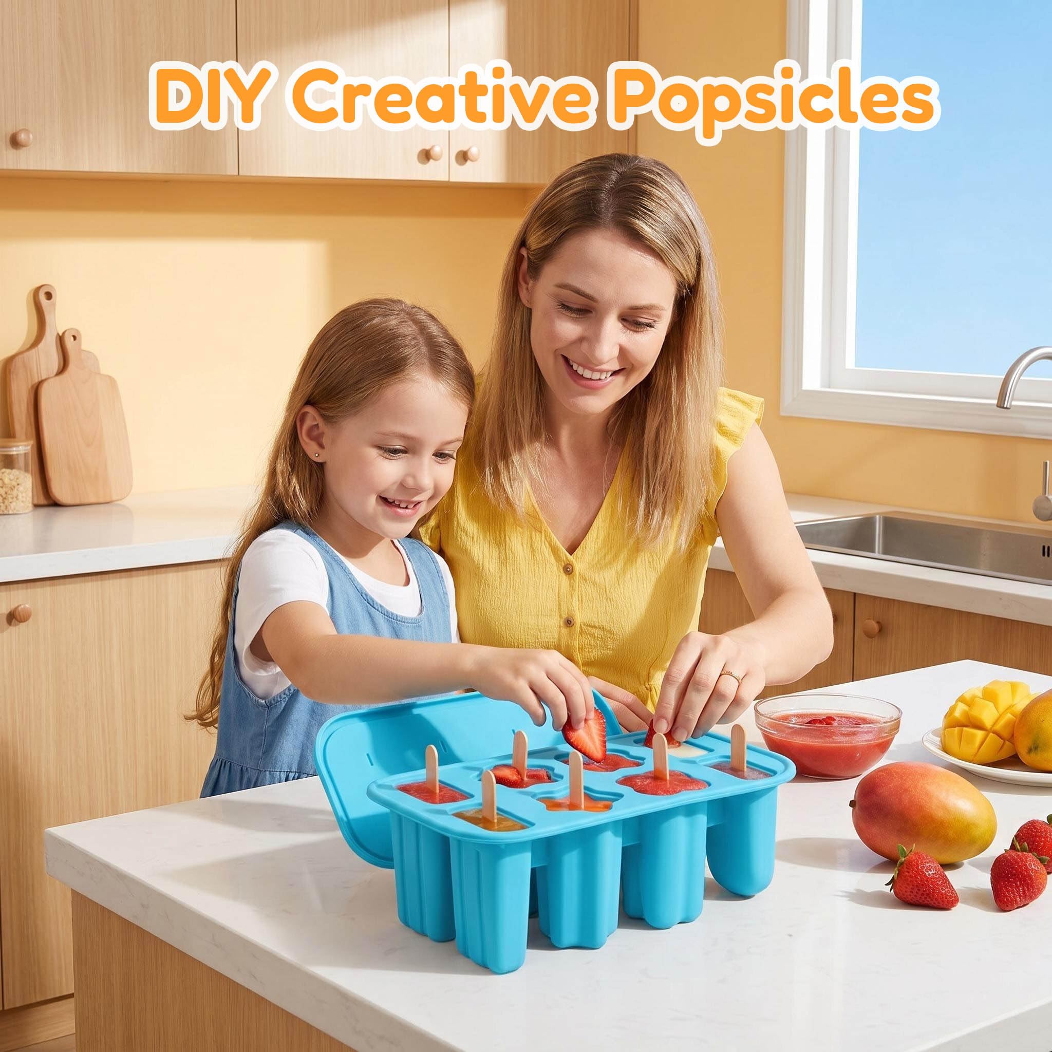 Firstfooby Popsicles Molds, 8-Cavity Silicone Popsicle Molds with 50 Sticks, BPA-Free Ice Pop Mold Popsicle Maker with Funnel & Cleaning Brush for Kids Adult Teens