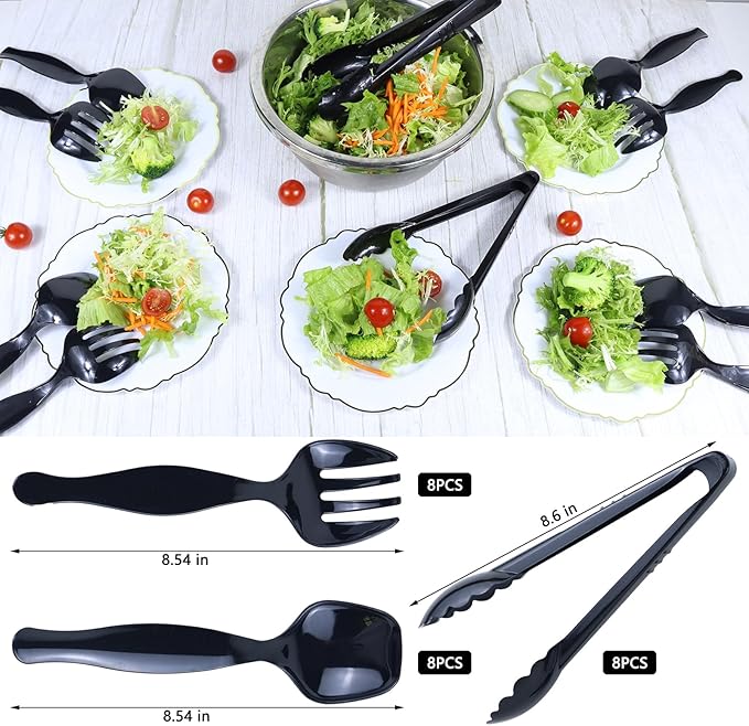 24Pcs Black Plastic Serving Utensils, Spoons Forks and Tongs Set