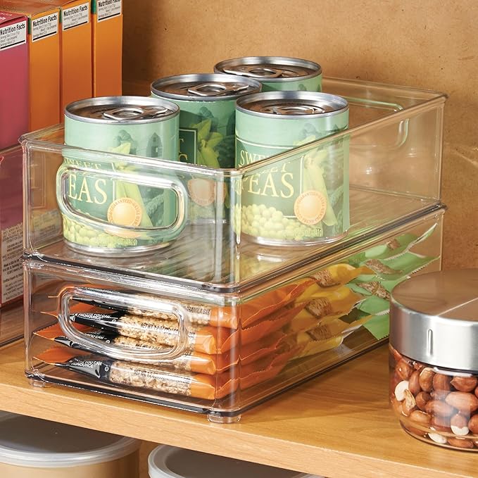 iDesign Stackable Pantry Bins with Handles, 2 Small Bins and 1 Medium Bin, 3 Pack, Clear, Made in USA