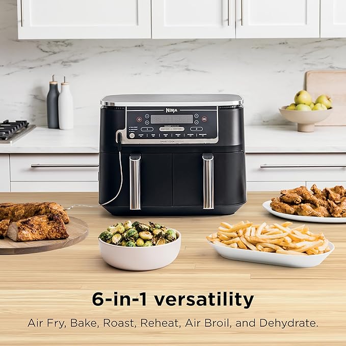 Ninja DZ550 Foodi 10 Quart 6-in-1 DualZone Smart XL Air Fryer with 2 Independent Baskets, Cook Thermometer for Perfect Doneness, Match and Finish to Roast, Dehydrate and More, Black
