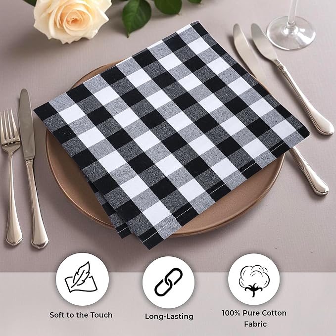 Urban Villa Cloth Napkins Cotton 20x20 (Set of 12) Black Cheks
