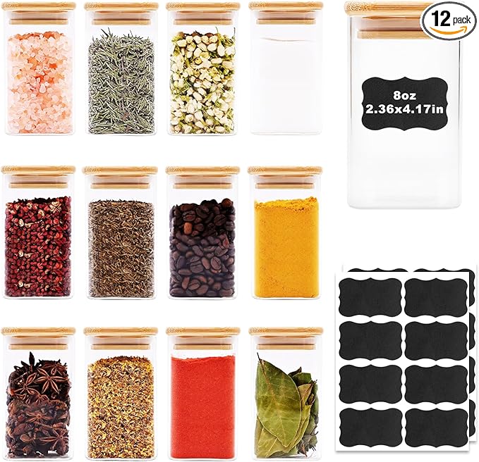 SHOWIN Glass Food Storage Jars Square 8oz, 12 Pack Glass Jars With Bamboo Lids, Kitchen Storage Containers For Spice, Candy, Cookie, Storage For Pantry Organizers