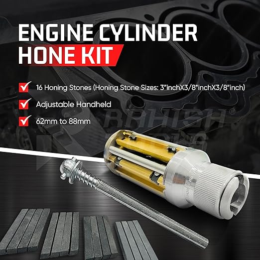 Engine Cylinder Hone Kit with 16 Stones, Adjustable Mandrel 62mm-88mm