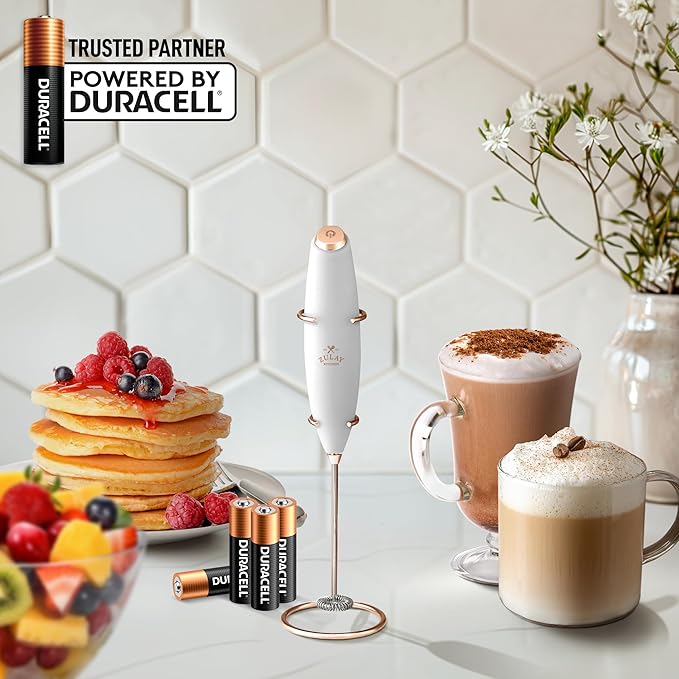 Zulay Kitchen Powerful Milk Frother Wand With Duracell Batteries - Ultra Fast Handheld Drink Mixer - Electric Whisk Foam Maker for Coffee, Lattes, Cappuccino & Matcha - Z1 Motor - White & Rose Gold