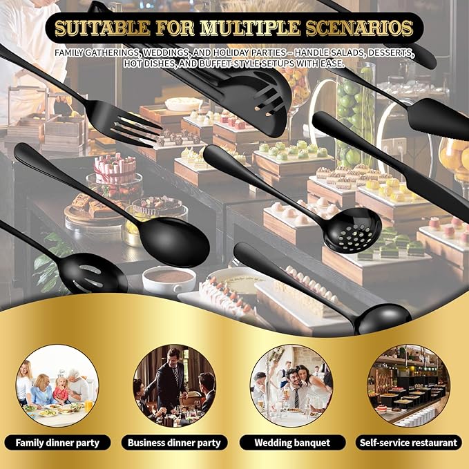 ZLMTZDJD 36-Piece Stainless Steel Serving Utensil Set – Complete Buffet Essentials with Spoons, Forks, Tongs, Ladle & More. Perfect for Wedding, Holiday, Catering, and Family Gatherings (Black)